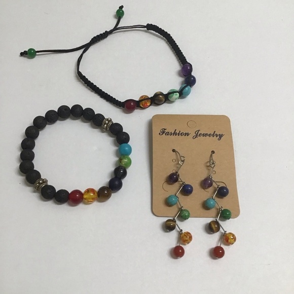 Chakra Bracelets Earrings LOT Healing Balance Lava Bead Stone for Oils Yoga Boho - Picture 1 of 9
